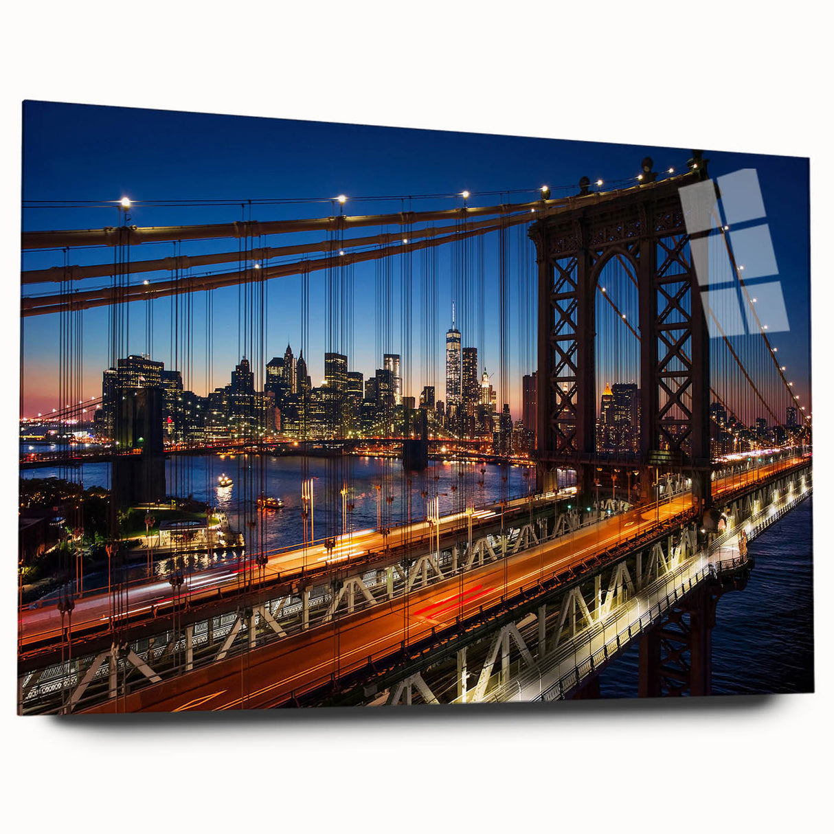 Acrylic print of a large abstract depiction of Manhattan in muted blue and gray tones, ideal for bedroom or dining room art.