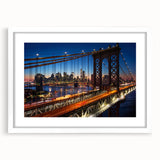 Abstract art print of Manhattan skyline with muted gray and blue tones on a framed white mat, suitable for dining room decor.