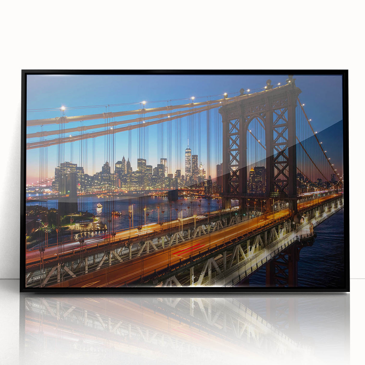 Large abstract wall art depicting the Manhattan skyline in muted black and gray tones on a framed acrylic print.