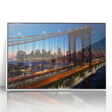 Art Deco poster of Manhattan skyline in monochrome shades on a framed acrylic, suitable for modern art wall decor.