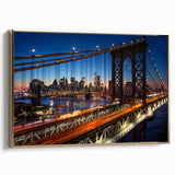 Framed canvas featuring a vintage-style Manhattan landscape in black and gold tones, ideal for bedroom wall art.