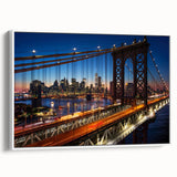 Vintage poster art of Manhattan skyline in colorful hues on a large framed canvas, suitable for living room decor.