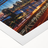 Art deco poster of Manhattan skyline in monochrome shades on rolled canvas, suitable for dining room decor.