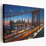 Large canvas print of the Manhattan skyline in muted gray and blue tones, suitable for kitchen wall art.