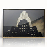 Large art print of the New York City skyline, mid-century modernist style in gold and black tones, framed acrylic.