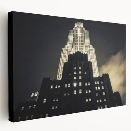 Large canvas print of the New York City skyline at dusk in muted gray and blue tones, suitable for kitchen wall art.