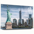Acrylic print of the Statue of Liberty in muted green and blue tones, suitable for bedroom or dining room decor.