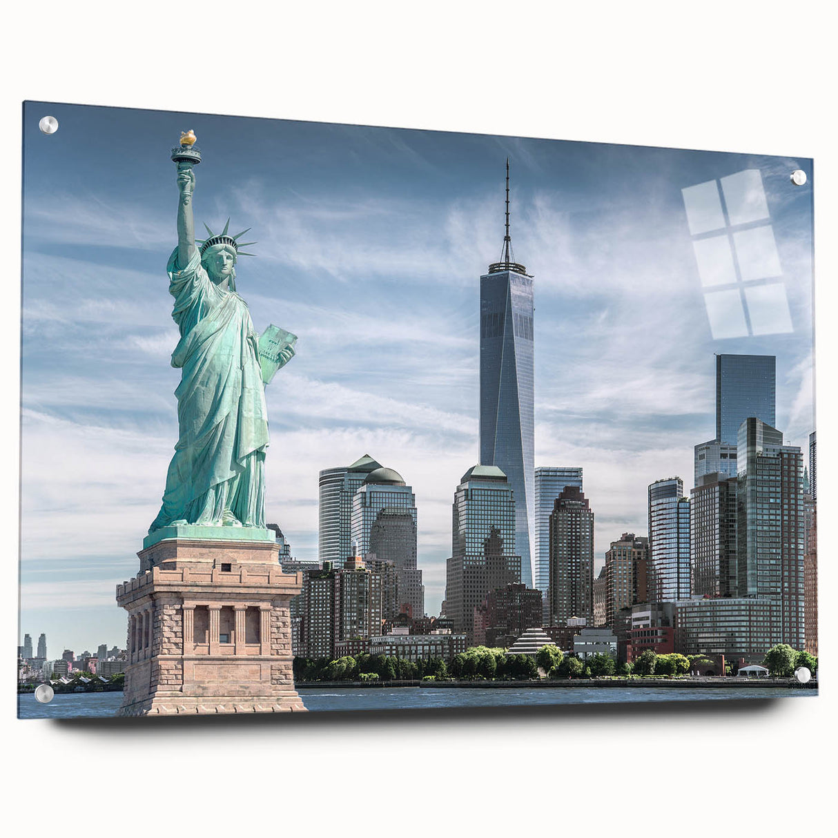 Acrylic print of the Statue of Liberty in muted green and blue tones, suitable for bedroom or dining room decor.