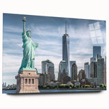 Acrylic print of the Statue of Liberty in muted green and blue tones, suitable for bedroom or dining room art.