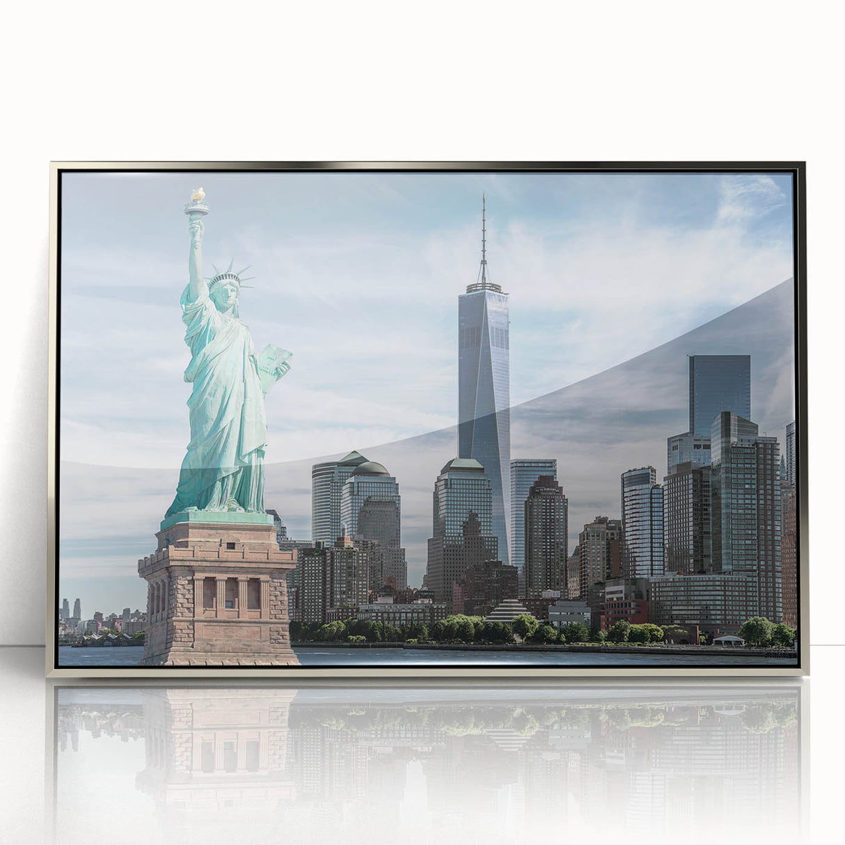 Mid-century modernist art depicting the Statue of Liberty in muted colors on a silver-framed acrylic print.