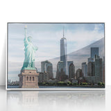 Art deco poster of the Statue of Liberty in monochrome, framed in white acrylic, ideal for modern art wall decor.