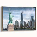 Framed canvas of the Statue of Liberty in black and gold tones, vintage poster style, suitable for bedroom wall art.