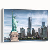 Vintage poster art of the Statue of Liberty in colorful tones on extra large framed canvas, suitable for living room decor.