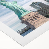 Art deco poster of the Statue of Liberty in muted green and beige, on rolled canvas, suitable for dining room decor.