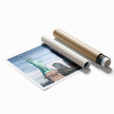 Extra-large rolled print of the Statue of Liberty in muted green and gray tones, suitable for classy bathroom wall art.