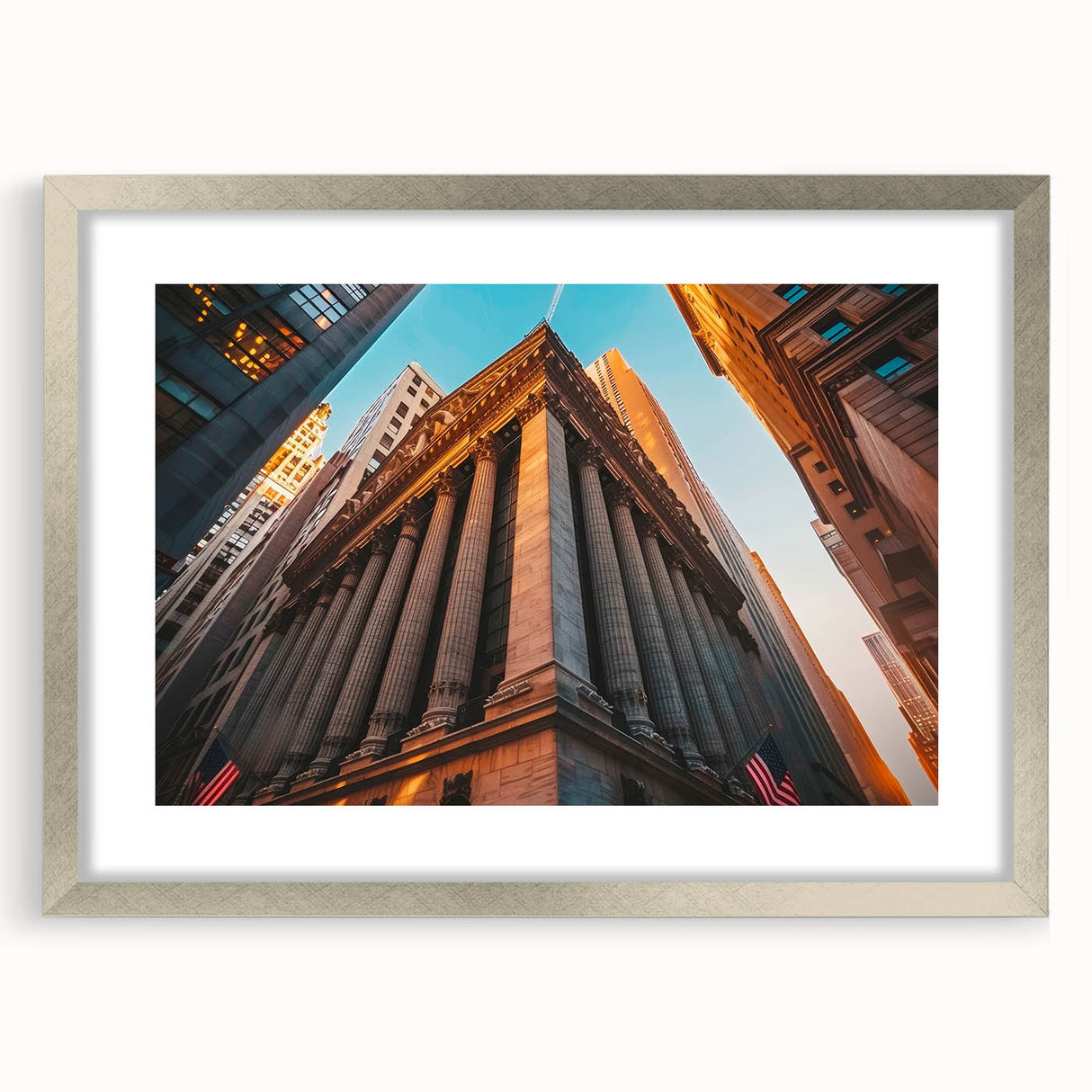 Textured art print of abstract New York City skyline in muted gray and silver tones, framed with a silver mat.
