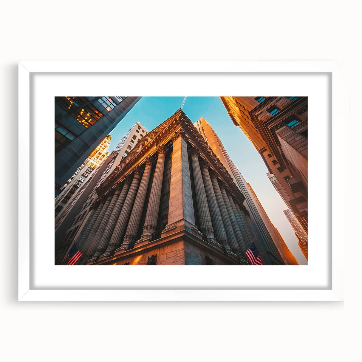 Abstract art print of New York City skyline in muted gray and blue tones, framed with a white mat.
