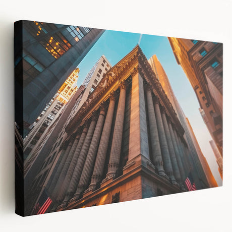 Side view of a large stretched canvas depicting the New York City skyline in muted gray tones, ideal for kitchen wall art.