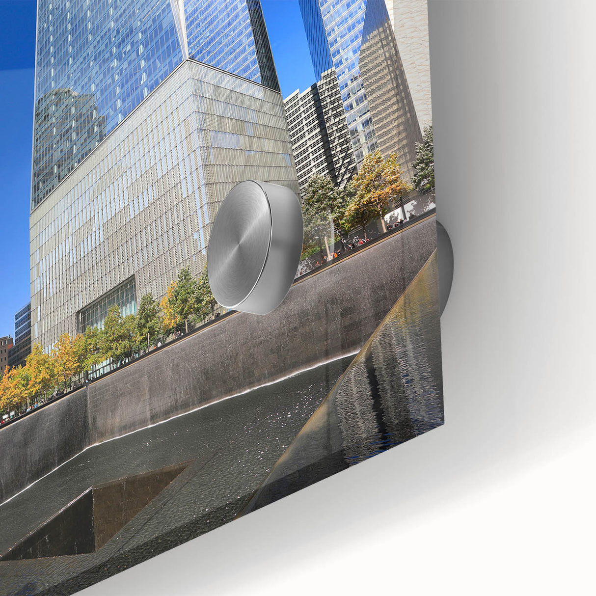 Large abstract depiction of NYC skyline in muted gray tones on acrylic glass, suited for dining room art.