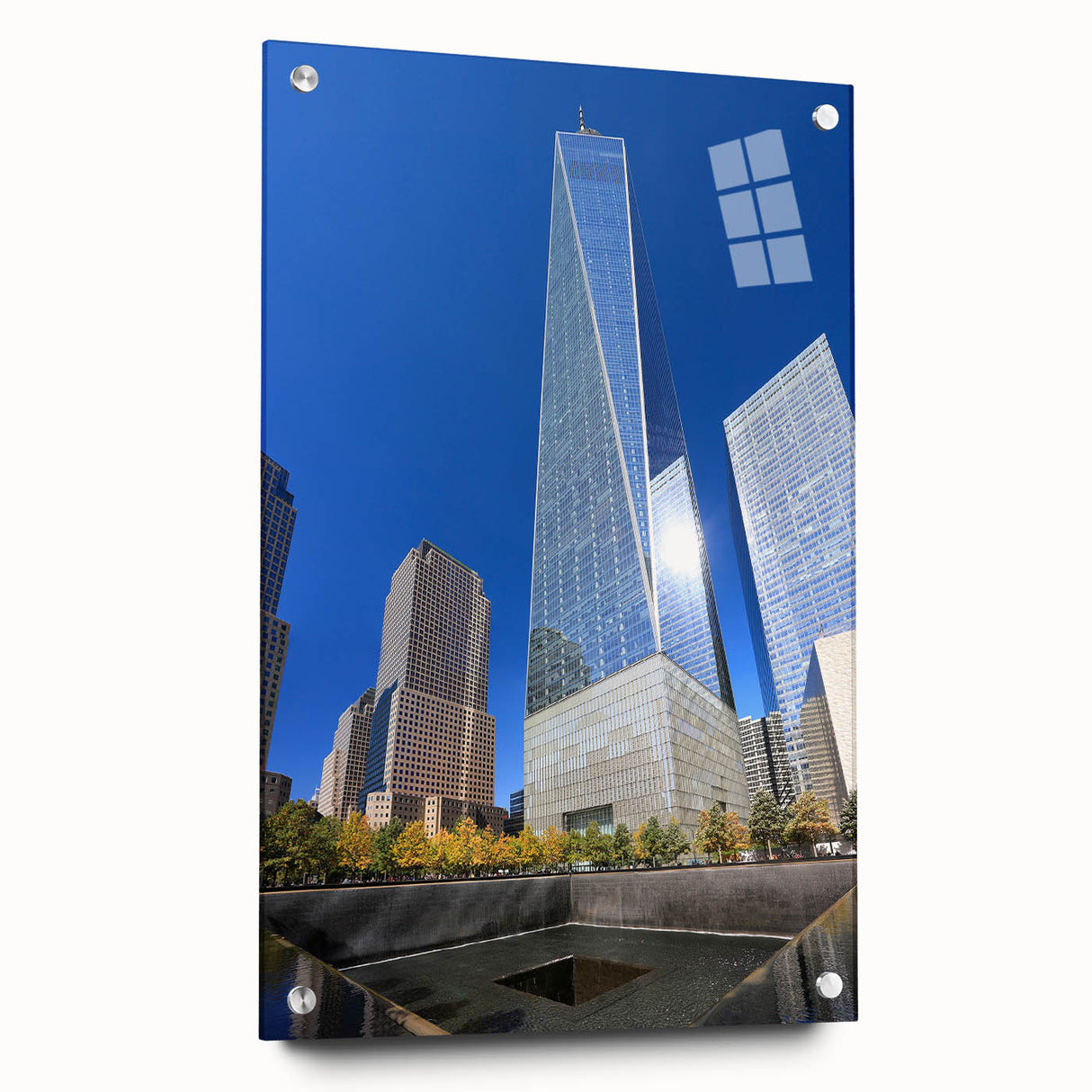 Acrylic print of New York City skyline in muted gray and blue tones, ideal for bedroom or dining room decor.