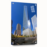 Acrylic print of New York City skyline in muted gray and blue tones, ideal for bedroom or dining room decor.
