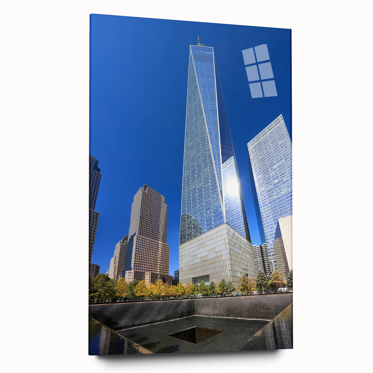 Acrylic print of New York City skyline with muted blue and gray tones, ideal for bedroom or dining room art.