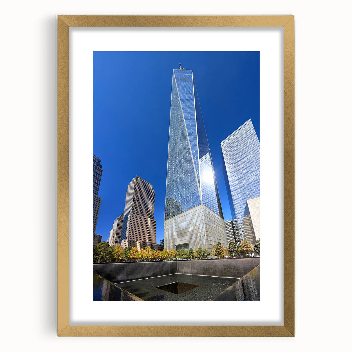 Extra large abstract art print of New York City skyline in textured tones of blue and gray on a gold-framed canvas.