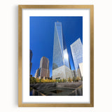 Extra large abstract art print of New York City skyline in textured tones of blue and gray on a gold-framed canvas.