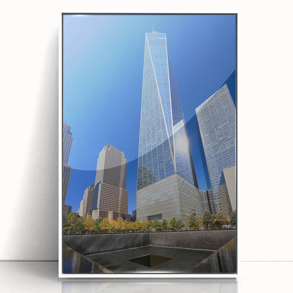 Art deco poster of NYC skyline with muted blue and silver tones on framed acrylic, suitable for modern art wall decor.