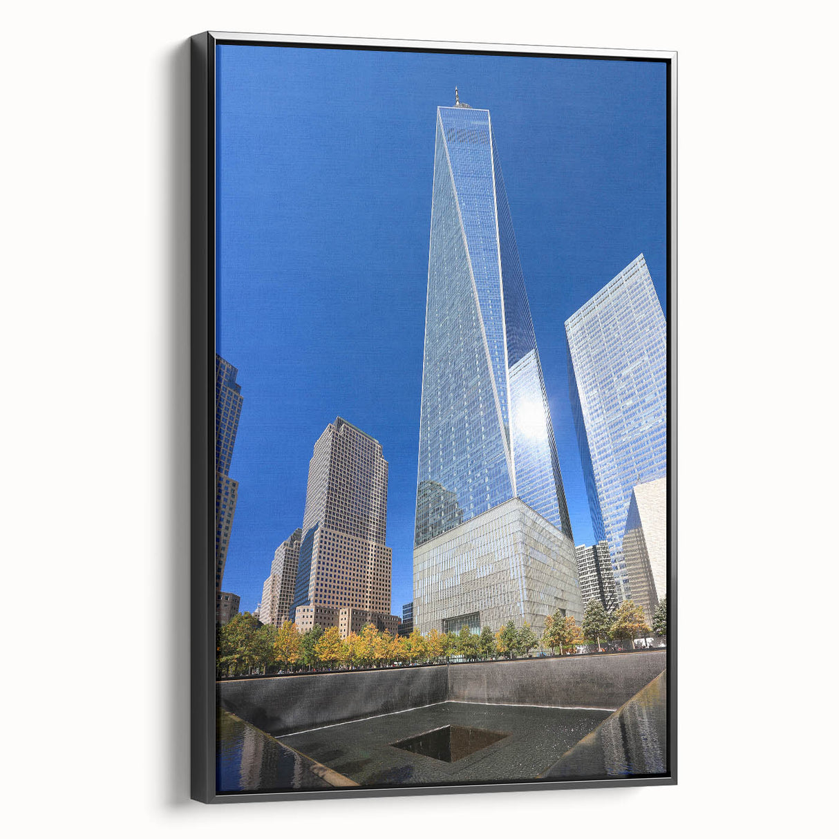 Black and white wall art of NYC skyline with Trade Center, framed canvas, ideal for bedroom decor.