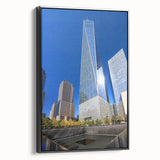 Black and white wall art of NYC skyline with Trade Center, framed canvas, ideal for bedroom decor.