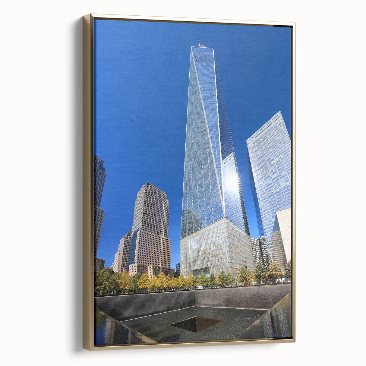 Framed canvas featuring a black and gold vintage poster of the NYC skyline, ideal for bedroom wall art.