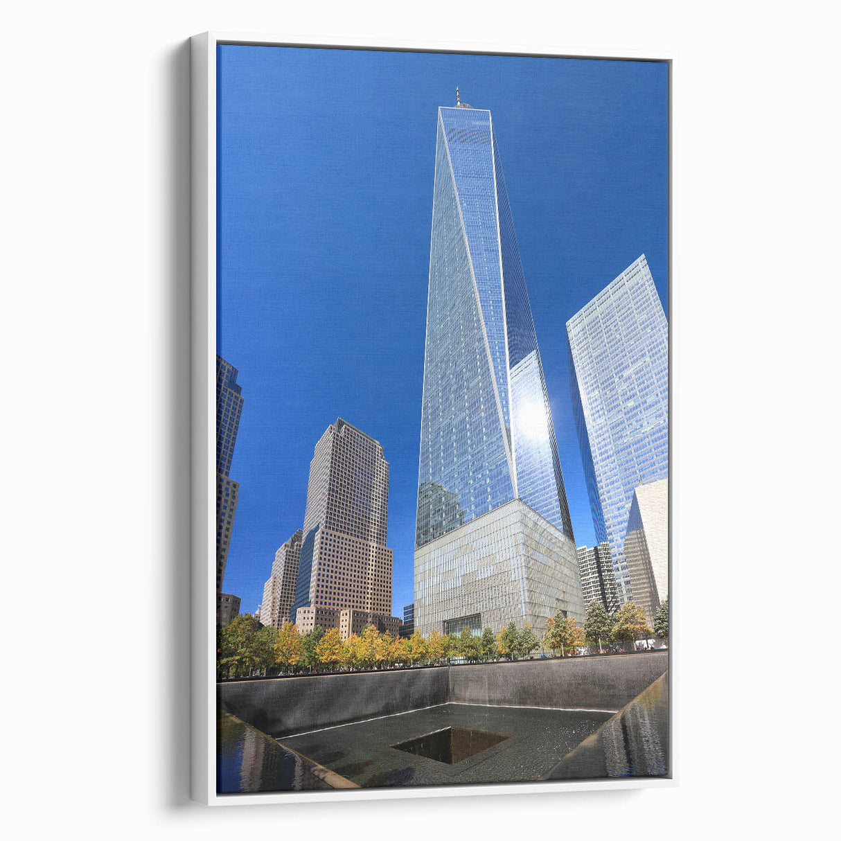 Vintage poster art of NYC Trade Center in colorful tones on a large framed canvas, ideal for living room decor.