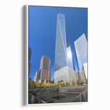 Vintage poster art of NYC Trade Center in colorful tones on a large framed canvas, ideal for living room decor.