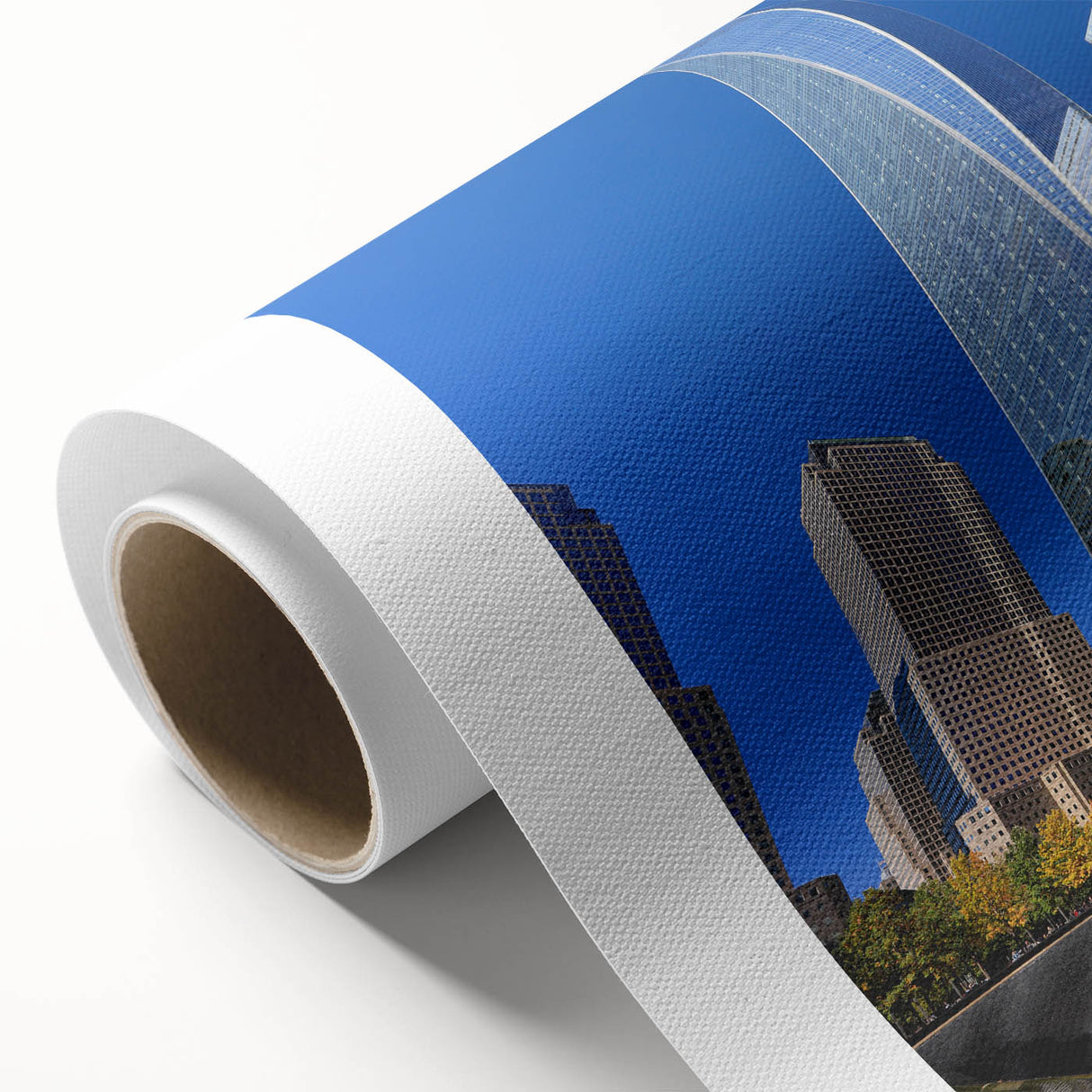 Art deco poster of NYC skyline featuring the Trade Center in muted gray tones on rolled canvas, ideal for nursery wall art.