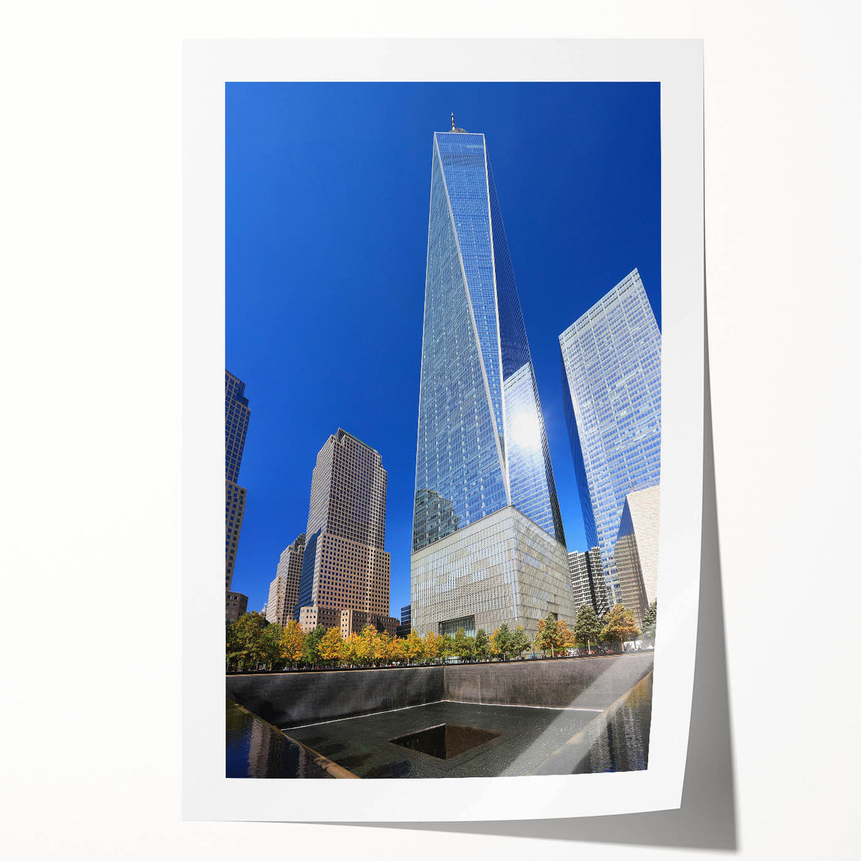 Extra large rolled print depicting the NYC skyline with muted gray and blue tones, ideal for art wall dining room.