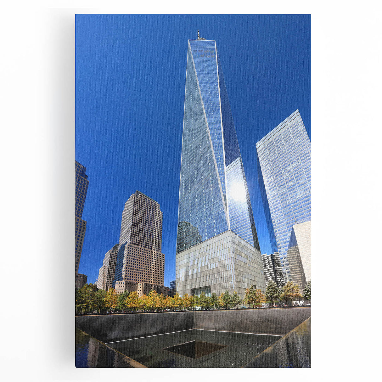 Black and white photo of NYC skyline featuring the Trade Center, printed on large stretched canvas.