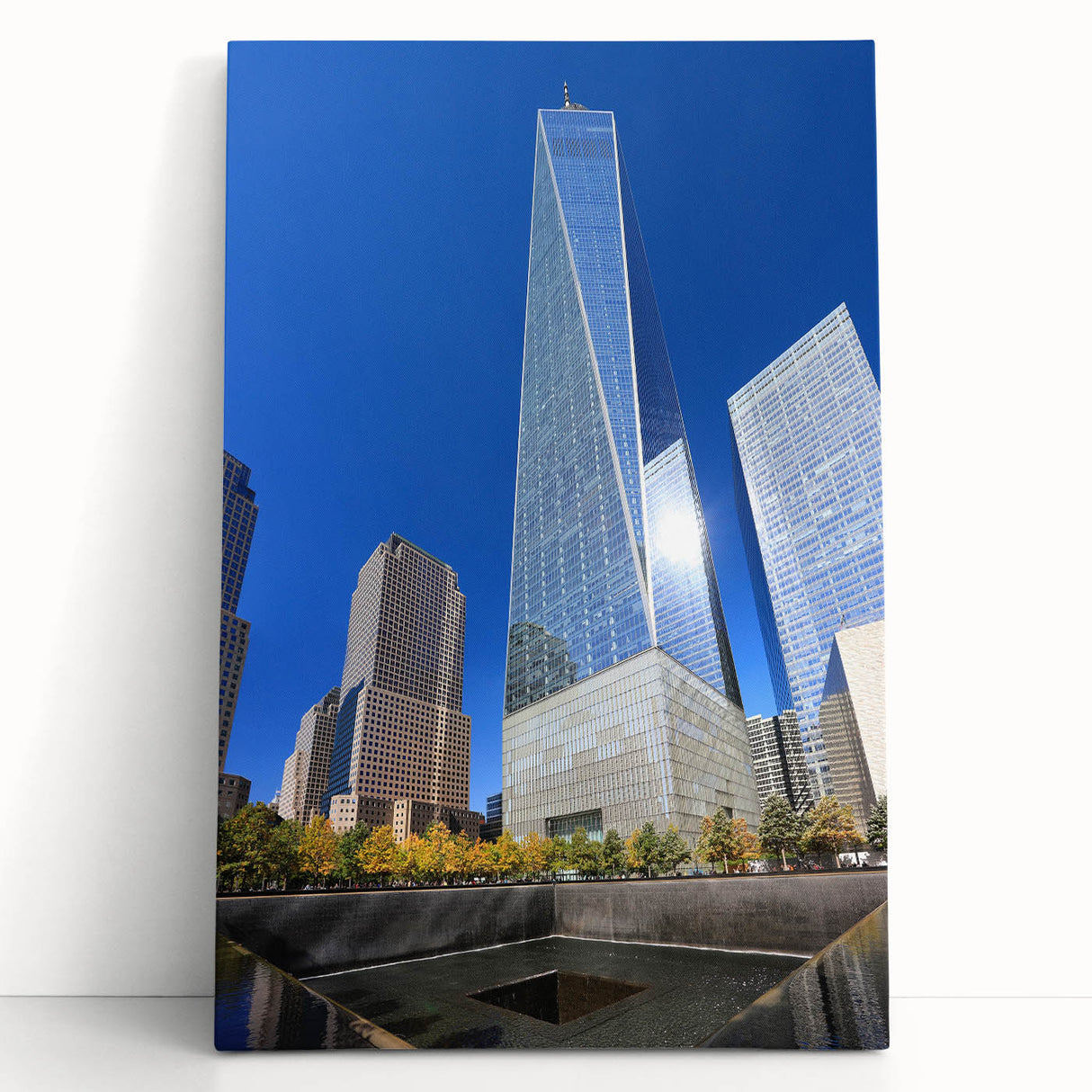 Black and white stretched canvas of NYC Trade Center, ideal for kitchen wall art or bedroom ambiance.
