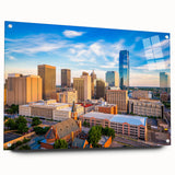 Large abstract wall art depicting Oklahoma scenery in muted earth tones on acrylic glass.