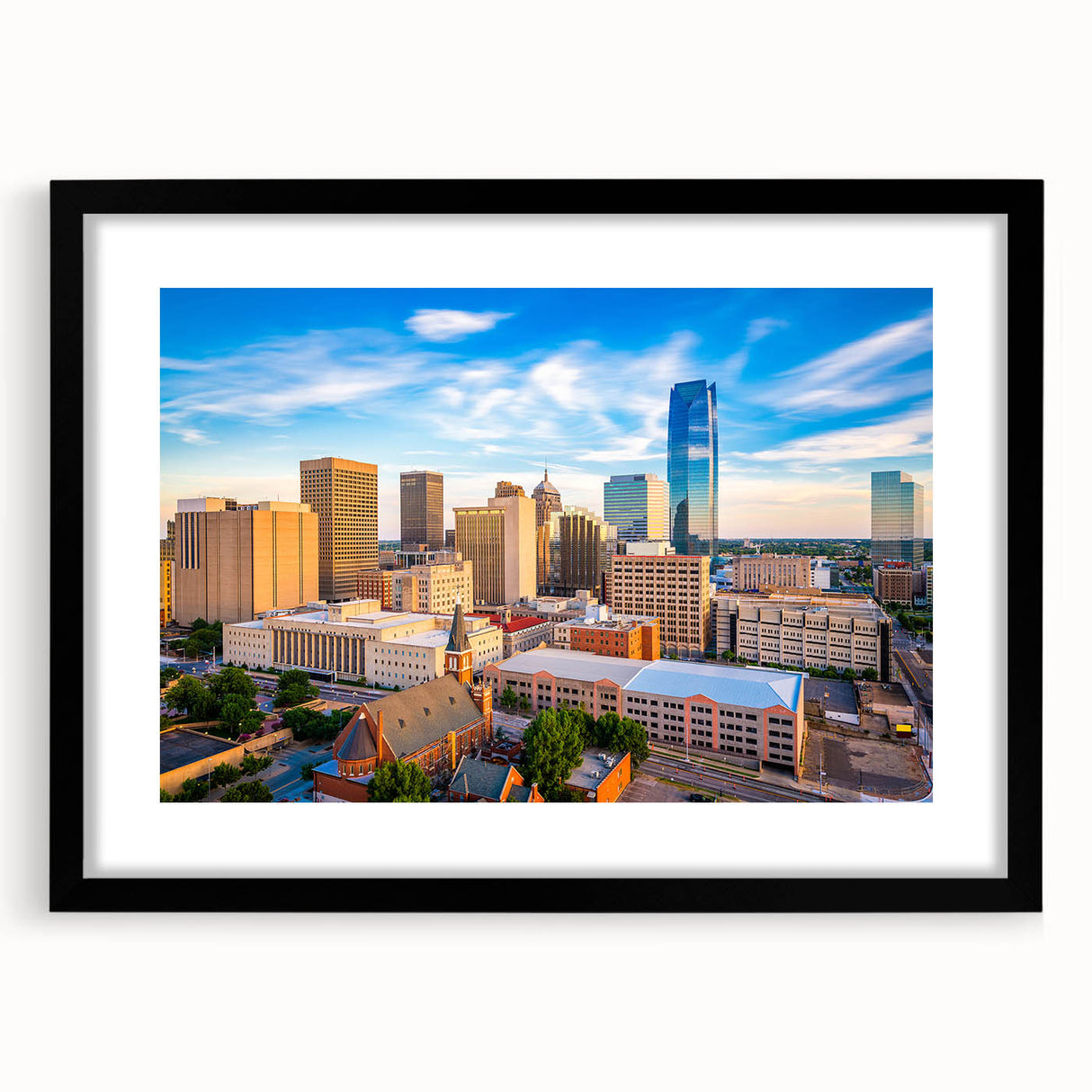 Extra large abstract art print featuring colorful, textured scenery of Oklahoma on a black framed canvas.