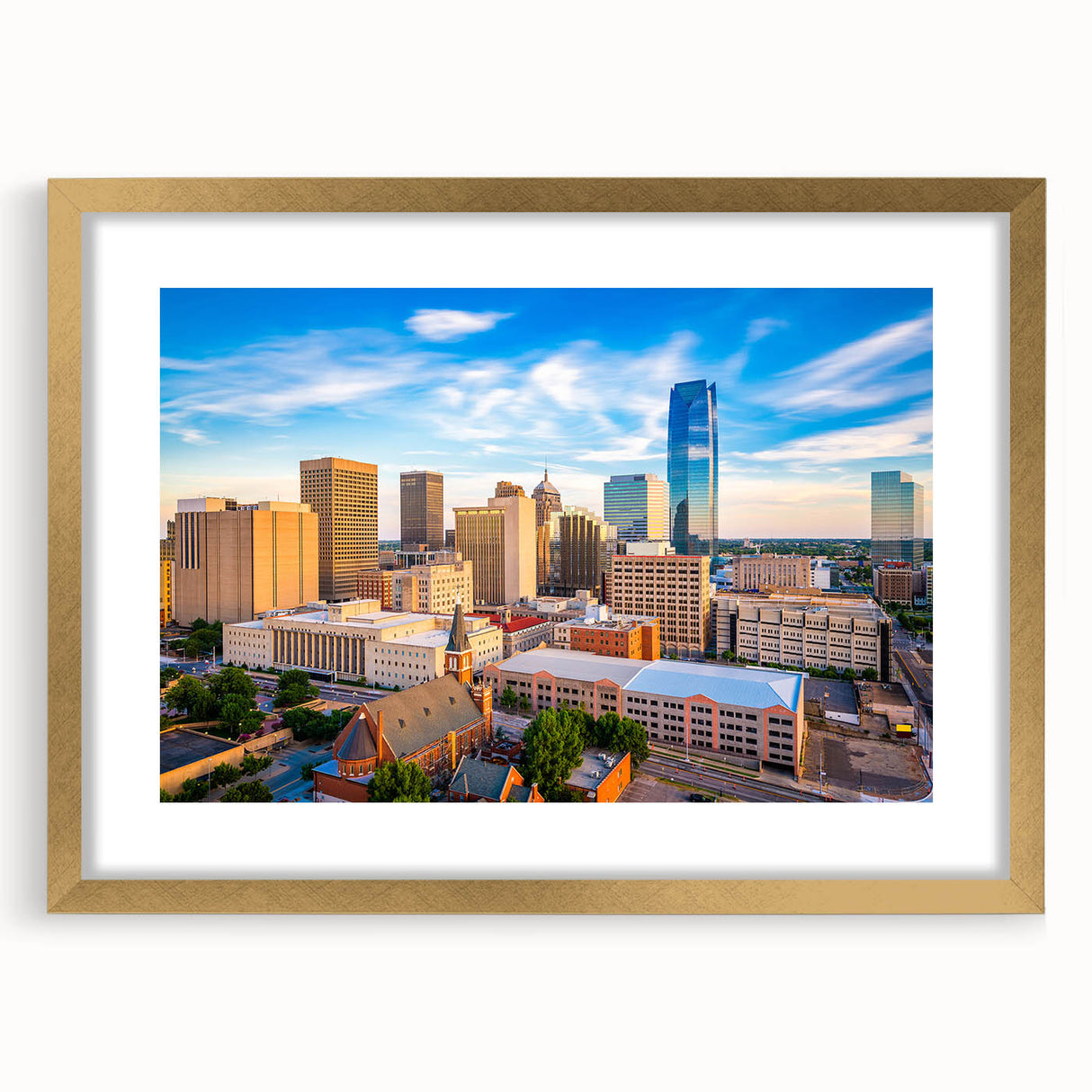 Extra large abstract art print featuring textured scenery of Oklahoma, in a gold frame with mat.