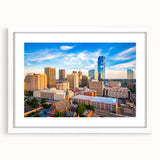 Abstract art print of Oklahoma scenery in muted earth tones on a white framed canvas, ideal for dining room decor.