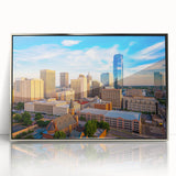 Mid-century modernist art depicting Oklahoma scenery in muted earth tones on a framed acrylic print.