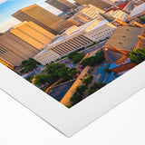 Art deco poster of Oklahoma scenery in muted earth tones on rolled canvas, suitable for dining room wall art.