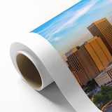 Art Deco poster of Oklahoma scenery on rolled canvas, featuring muted earth tones, ideal for nursery wall art.