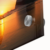 Large abstract depiction of Cannon Beach in muted earth tones on acrylic glass, ideal for dining room art.