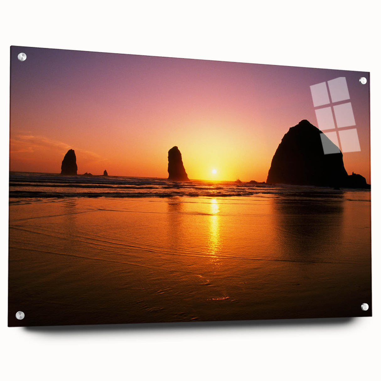 Acrylic print of Cannon Beach, Oregon, in muted earth tones, suitable for bedroom or dining room decor.