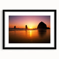 Extra large, textured abstract art print of Cannon Beach in vibrant colors on a framed black mat.