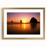 Extra large abstract art print of Cannon Beach, Oregon with textured sand and sea in muted blue and beige tones.