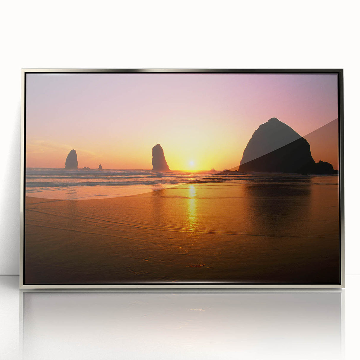 Mid-century modernist art of Cannon Beach, Oregon in muted earth tones on a framed acrylic, suitable for nursery wall decor.